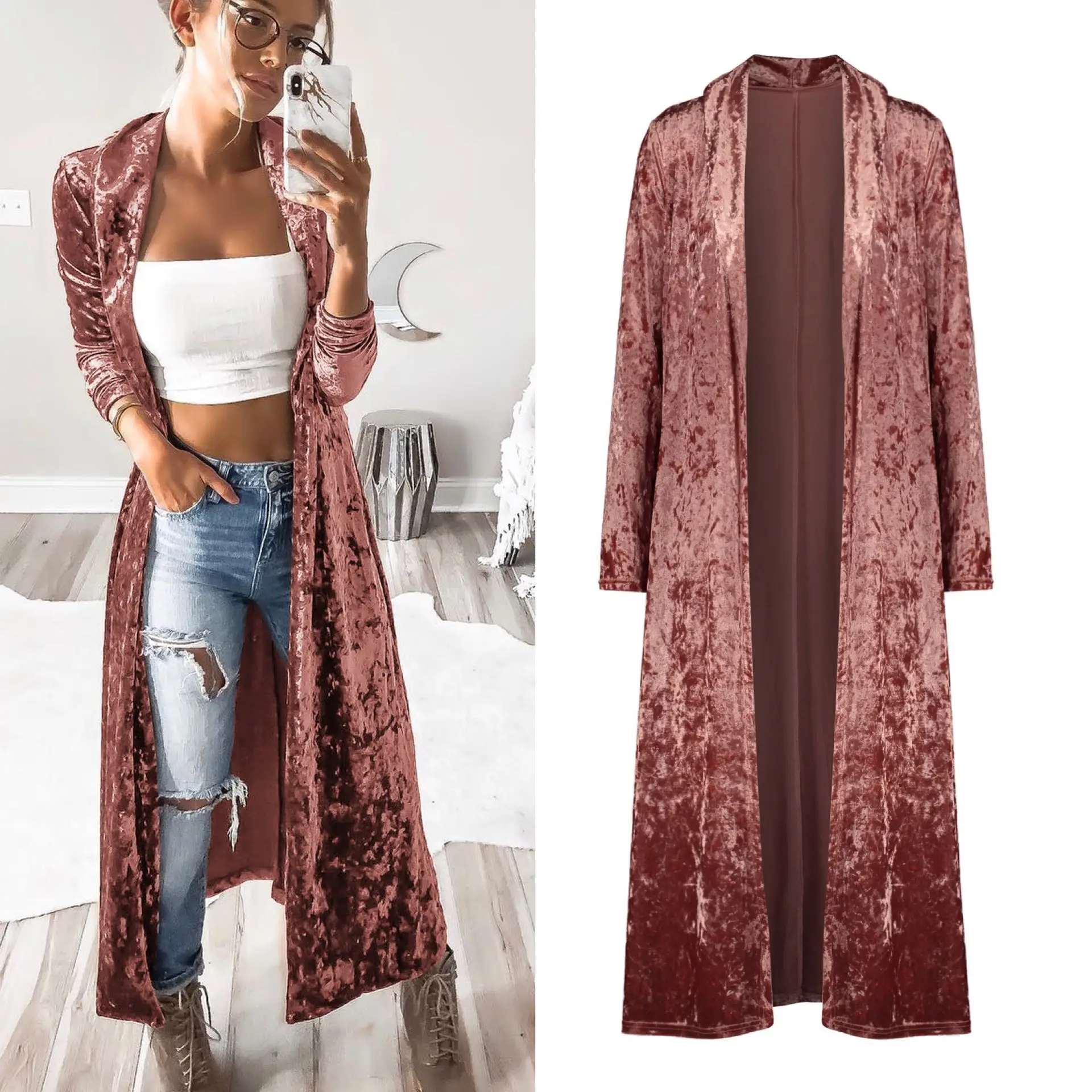 Velvet Long Sleeve Trench Coat Maroon