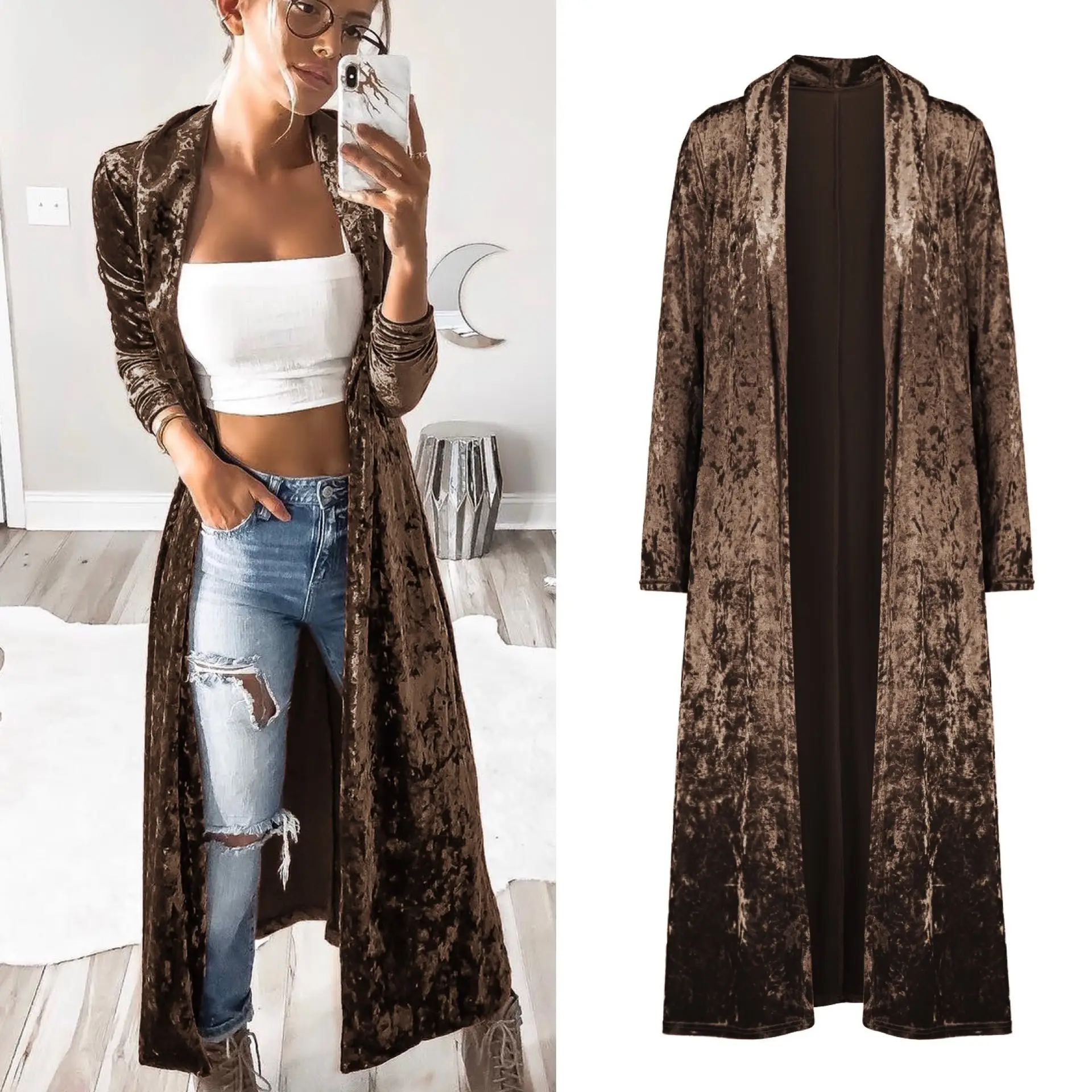 Velvet Long Sleeve Trench Coat Maroon
