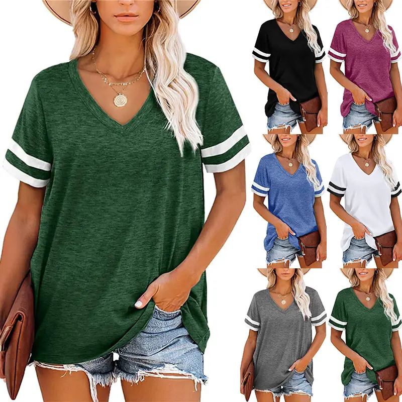 Women Blue V-Neck Short Sleeve T-Shirt Loose Casual Top