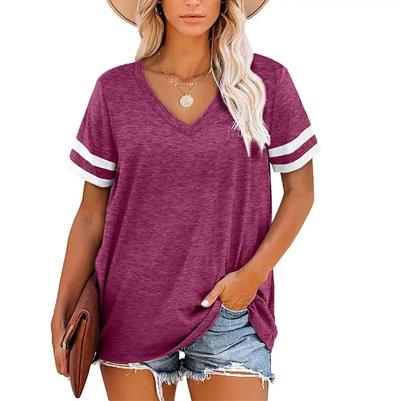 Women Blue V-Neck Short Sleeve T-Shirt Loose Casual Top