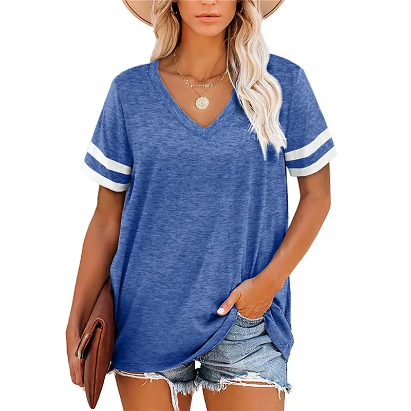 Women Blue V-Neck Short Sleeve T-Shirt Loose Casual Top