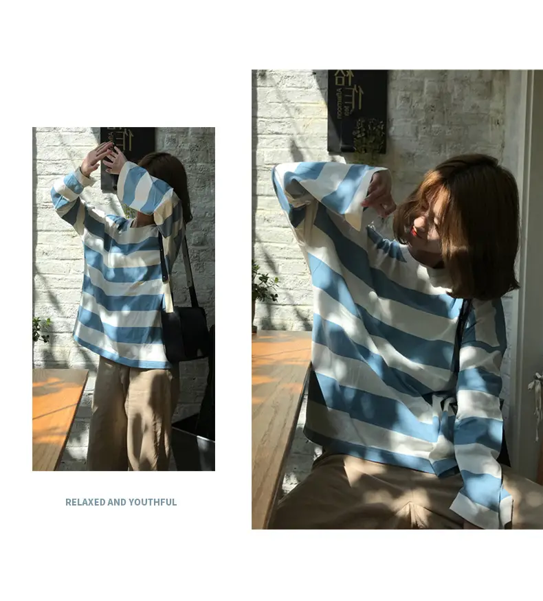 Autumn Long Sleeve Striped T-Shirt for Women Korean Style Loose Fit — feature 9