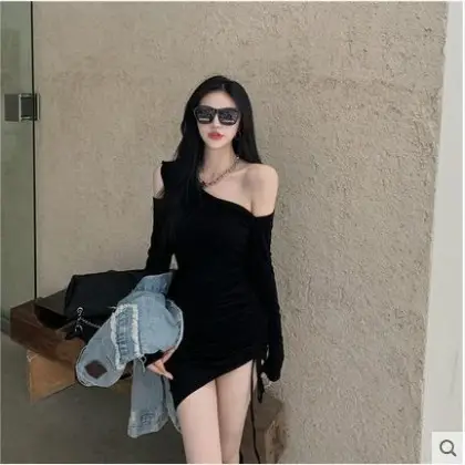 Women's Off-shoulder Black Slim Fit Hip Wrap Skirt Dress - Image 4