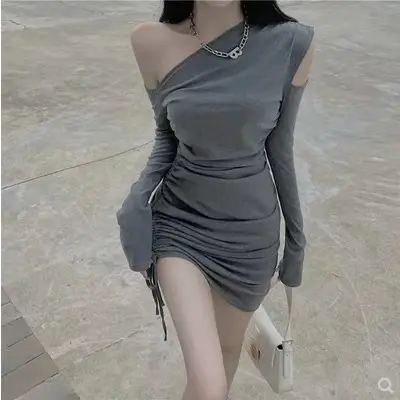 Women's Off-shoulder Black Slim Fit Hip Wrap Skirt Dress - Image 5