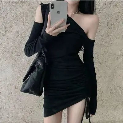 Women's Off-shoulder Black Slim Fit Hip Wrap Skirt Dress - Image 6