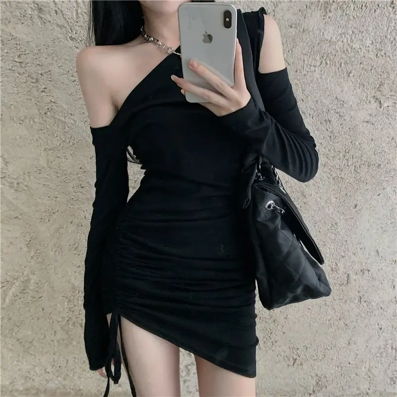 Women's Off-shoulder Black Slim Fit Hip Wrap Skirt Dress — feature 10