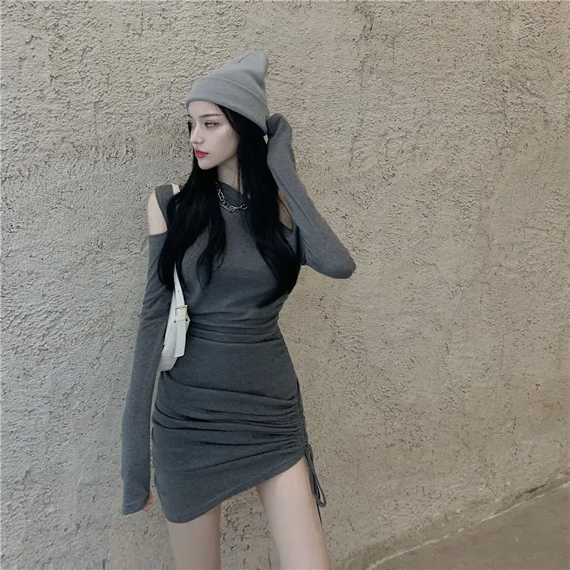 Women's Off-shoulder Black Slim Fit Hip Wrap Skirt Dress — feature 11