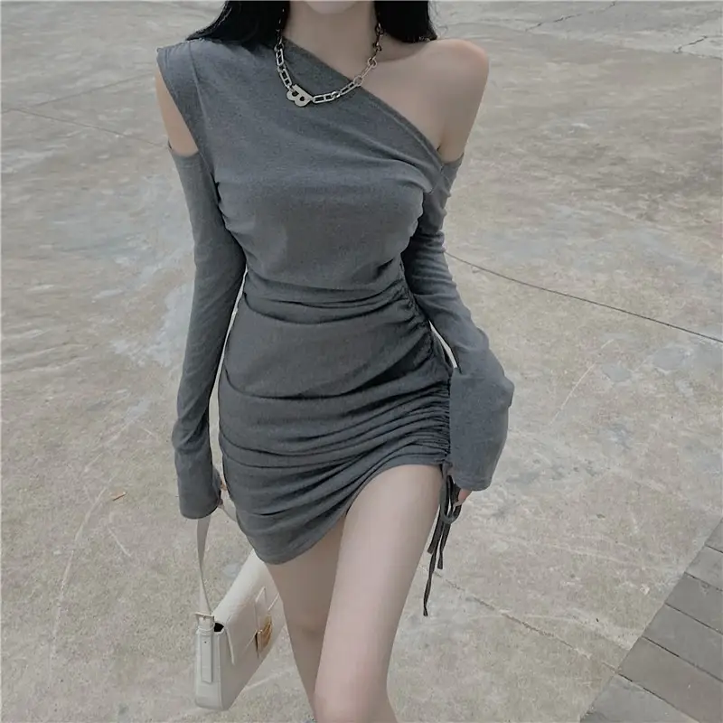 Women's Off-shoulder Black Slim Fit Hip Wrap Skirt Dress — feature 13