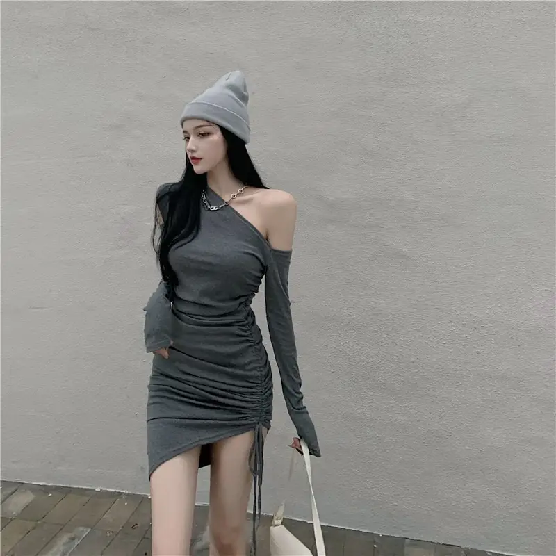 Women's Off-shoulder Black Slim Fit Hip Wrap Skirt Dress — feature 16