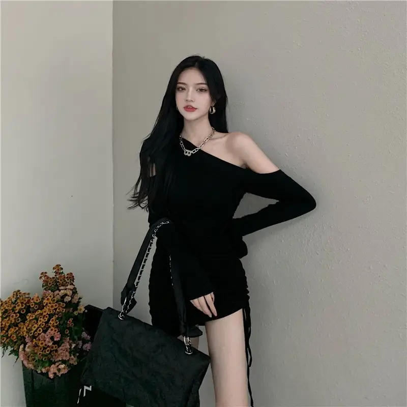 Women's Off-shoulder Black Slim Fit Hip Wrap Skirt Dress — feature 7