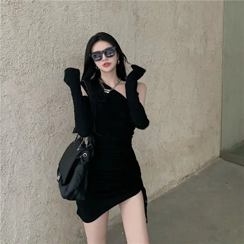 Women's Off-shoulder Black Slim Fit Hip Wrap Skirt Dress — feature 8