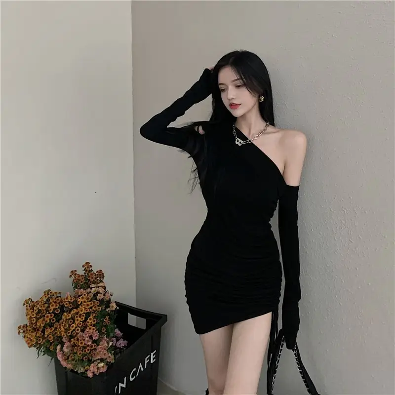 Women's Off-shoulder Black Slim Fit Hip Wrap Skirt Dress - Image 2