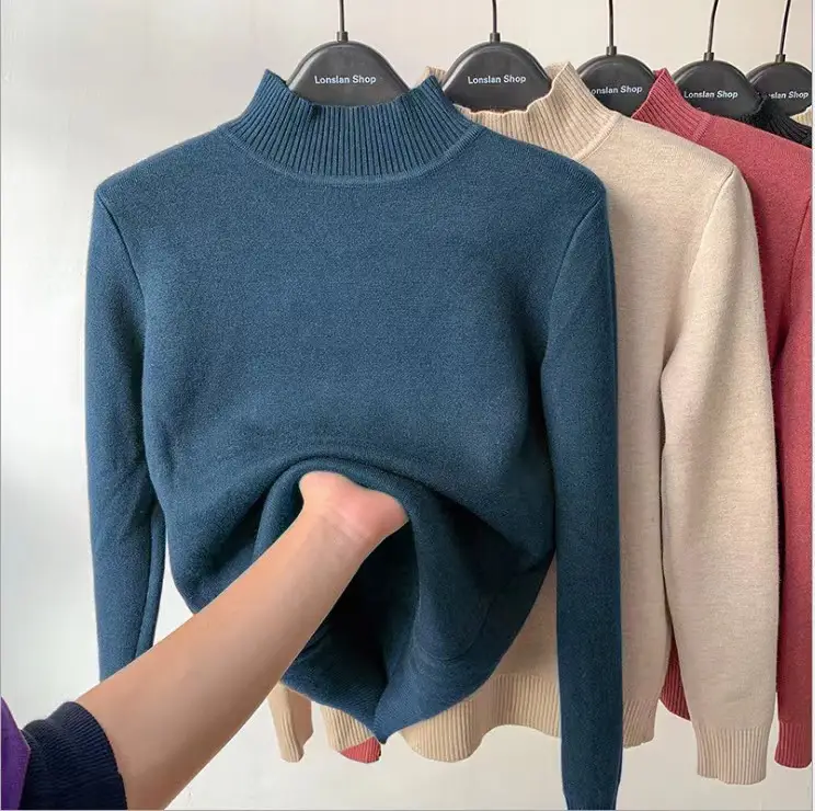 Women's Green Velvet Half-Turtleneck Sweater