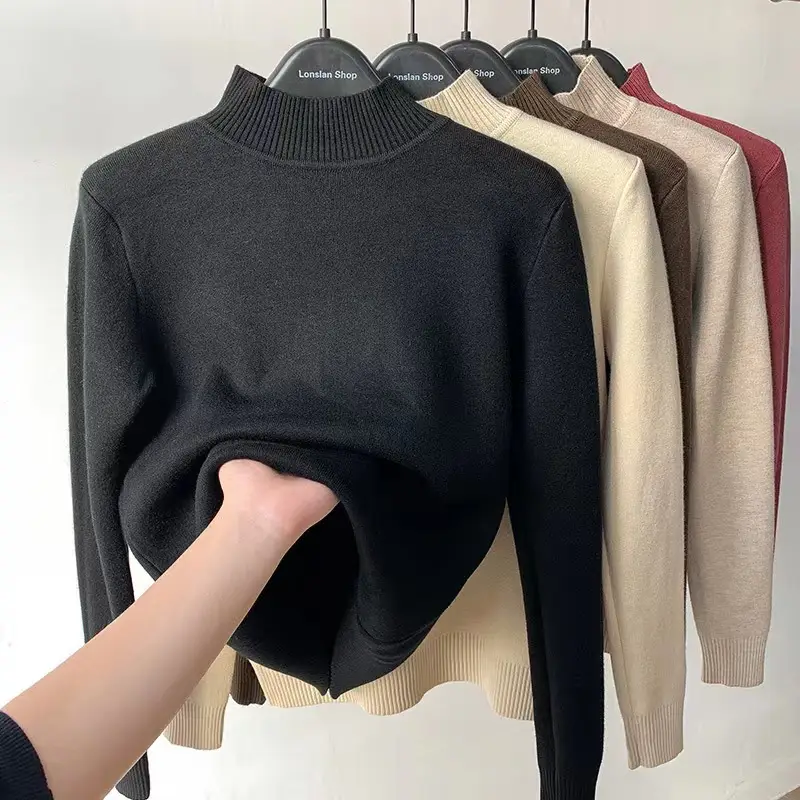 Women's Green Velvet Half-Turtleneck Sweater