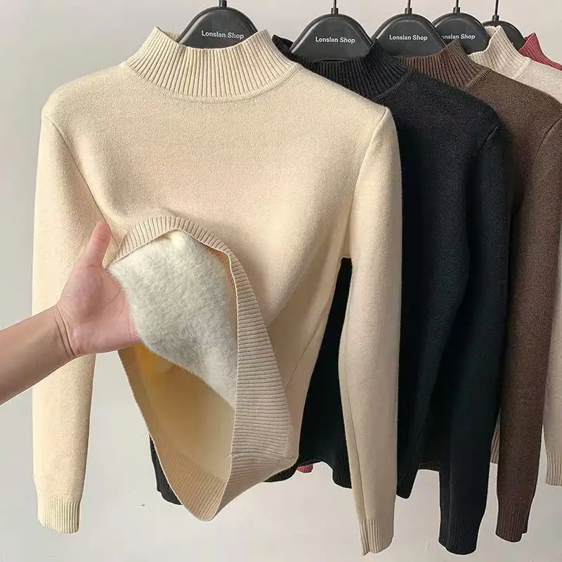 Women's Green Velvet Half-Turtleneck Sweater