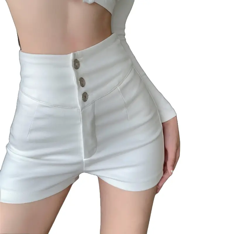 White Three Button High Waist Slim Shorts Women - Image 11