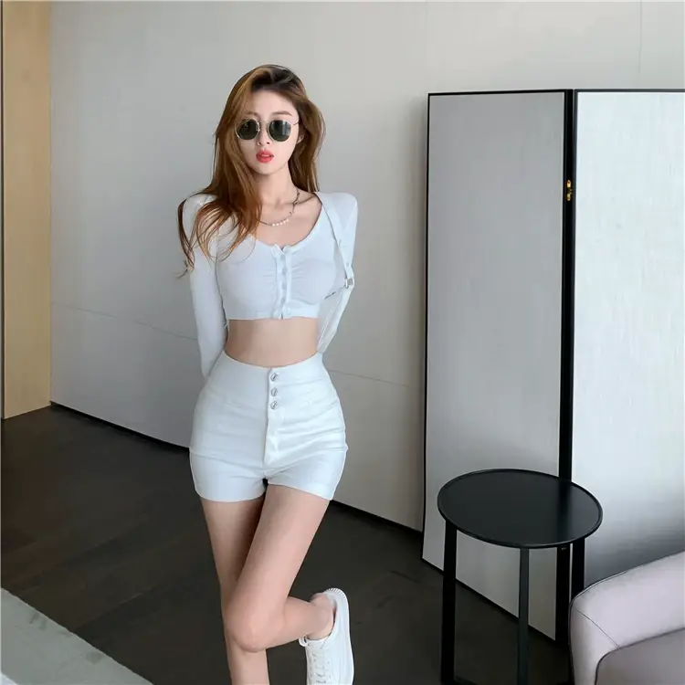 White Three Button High Waist Slim Shorts Women — feature 11