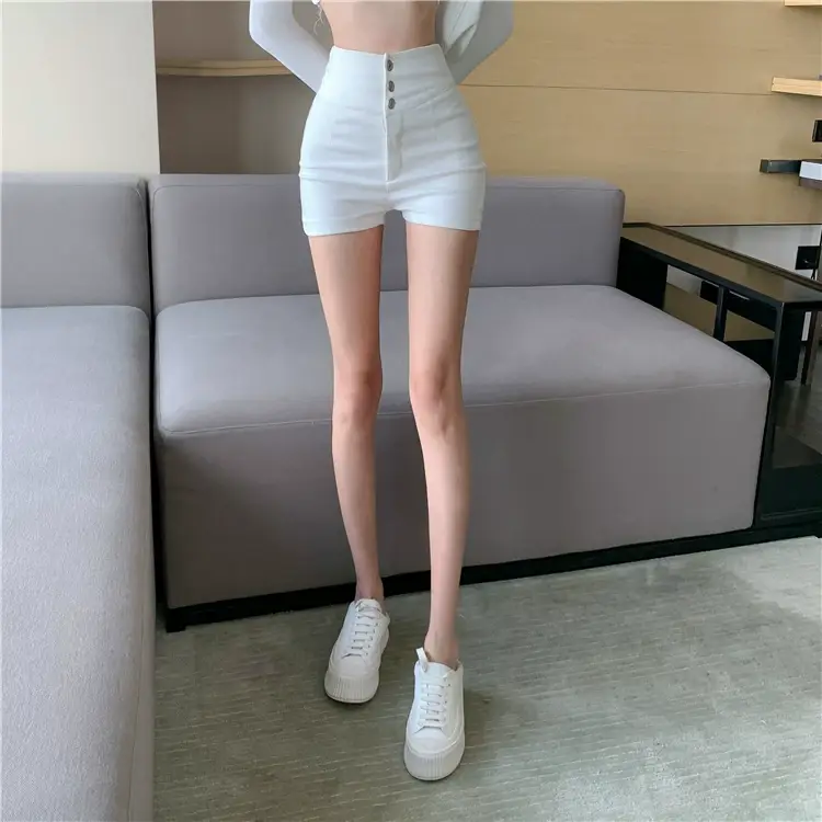 White Three Button High Waist Slim Shorts Women — feature 12