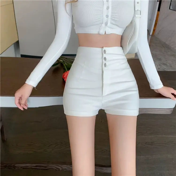 White Three Button High Waist Slim Shorts Women — feature 4