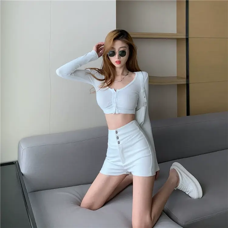 White Three Button High Waist Slim Shorts Women — feature 7
