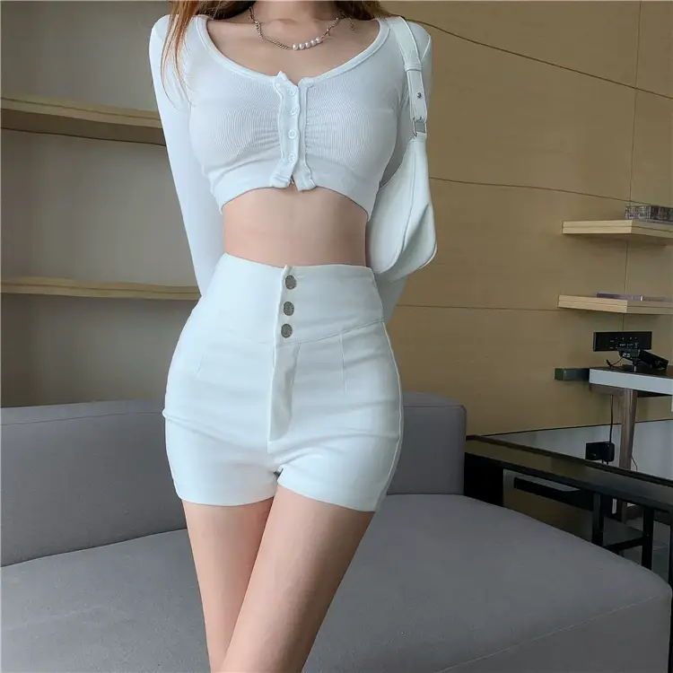 White Three Button High Waist Slim Shorts Women — feature 8