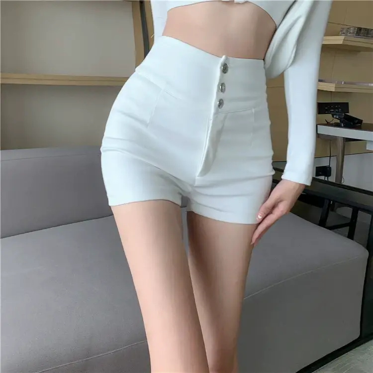 White Three Button High Waist Slim Shorts Women — feature 9