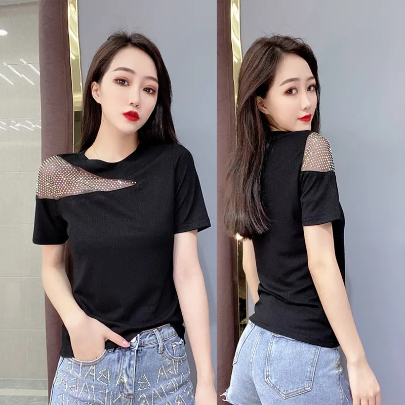 Women Off-Shoulder Diamond T-Shirt Pink Summer - Image 4