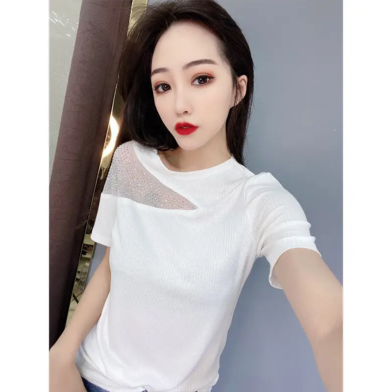 Women Off-Shoulder Diamond T-Shirt Pink Summer - Image 3
