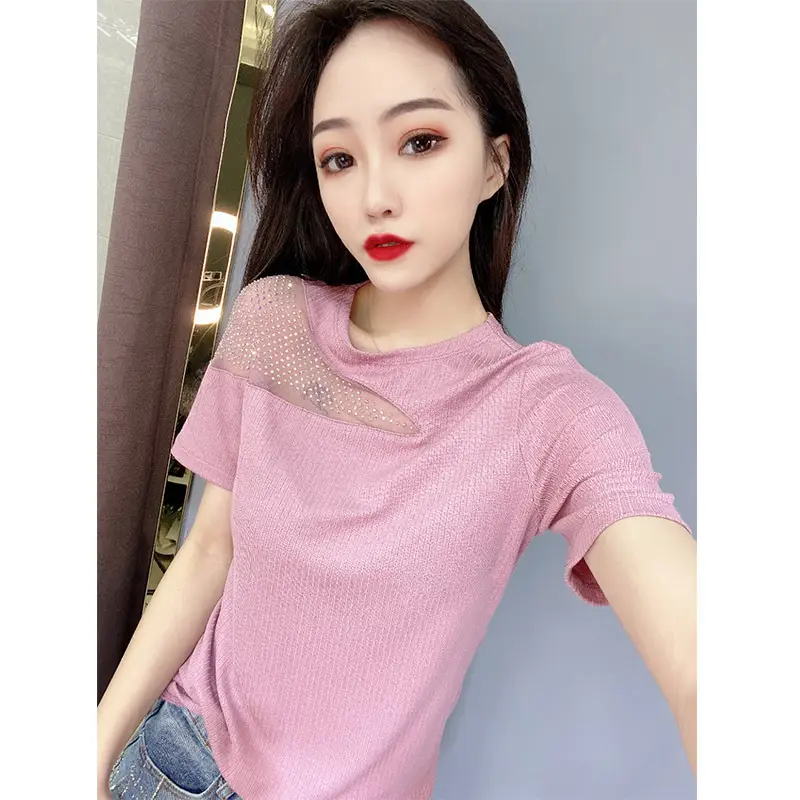 Women Off-Shoulder Diamond T-Shirt Pink Summer - Image 2