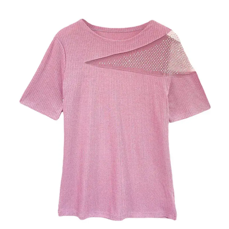 Women Off-Shoulder Diamond T-Shirt Pink Summer - Image 5