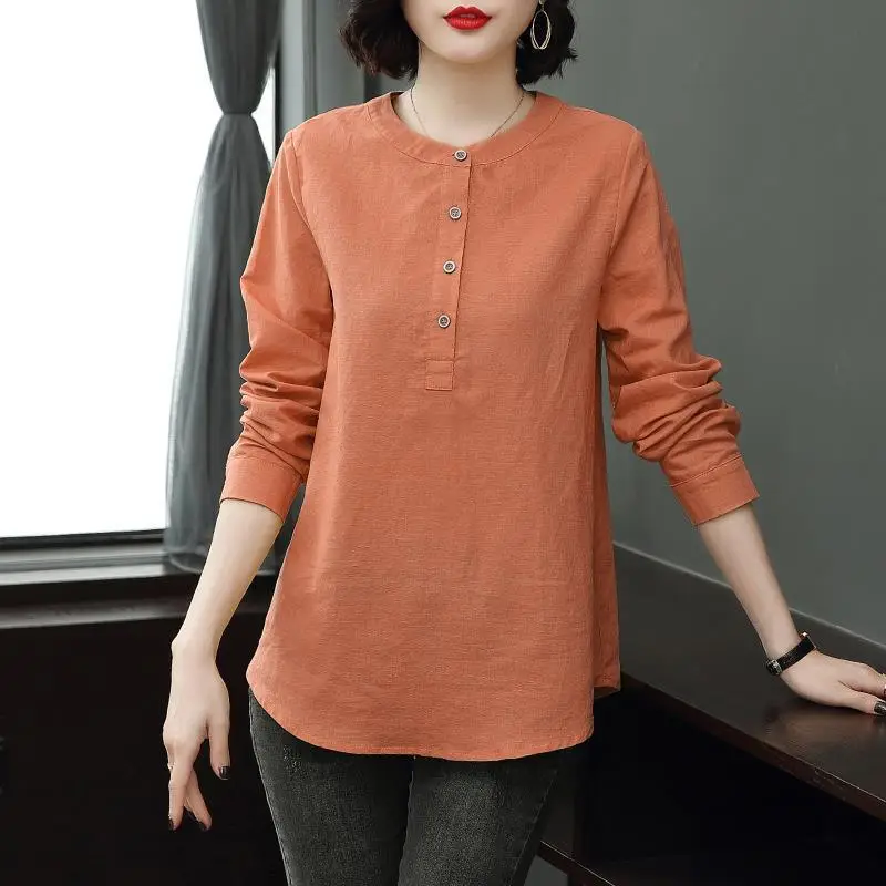 Women Cotton Linen Long Sleeve Collar Shirt Navy Blue Large - Image 3