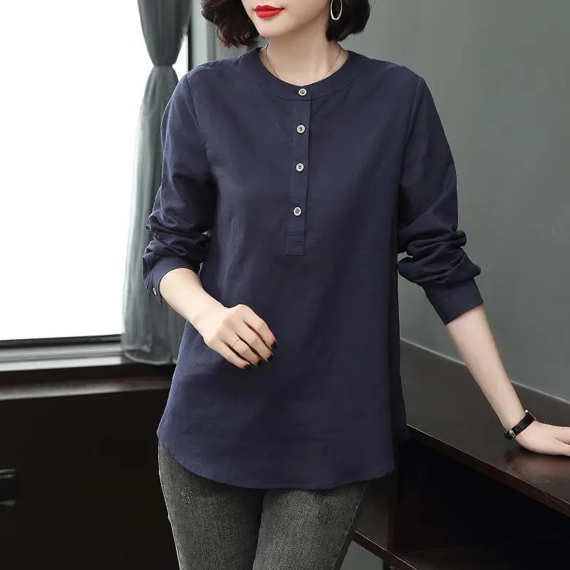Women Cotton Linen Long Sleeve Collar Shirt Navy Blue Large - Image 2