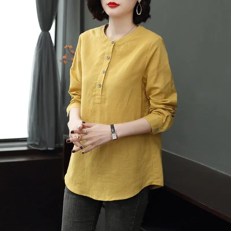 Women Cotton Linen Long Sleeve Collar Shirt Navy Blue Large - Image 4