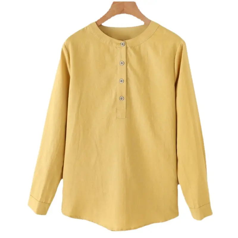 Women Cotton Linen Long Sleeve Collar Shirt Navy Blue Large - Image 5
