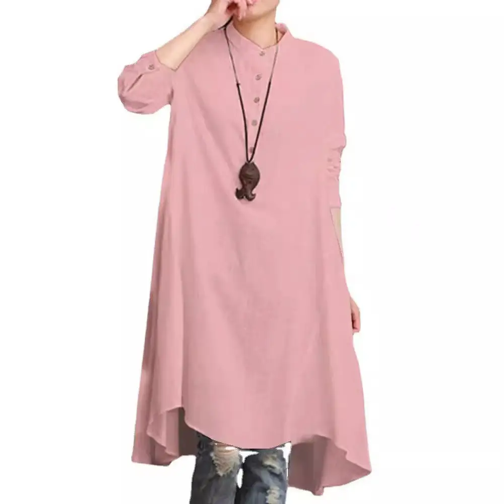 Women Cotton Linen Loose Collar Shirt Long Skirt Set