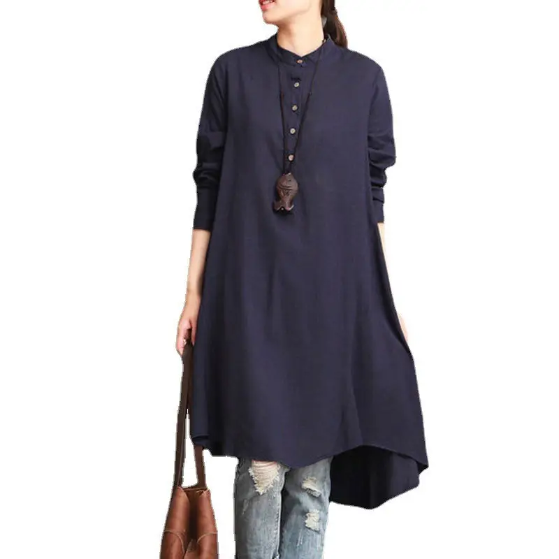 Women Cotton Linen Loose Collar Shirt Long Skirt Set