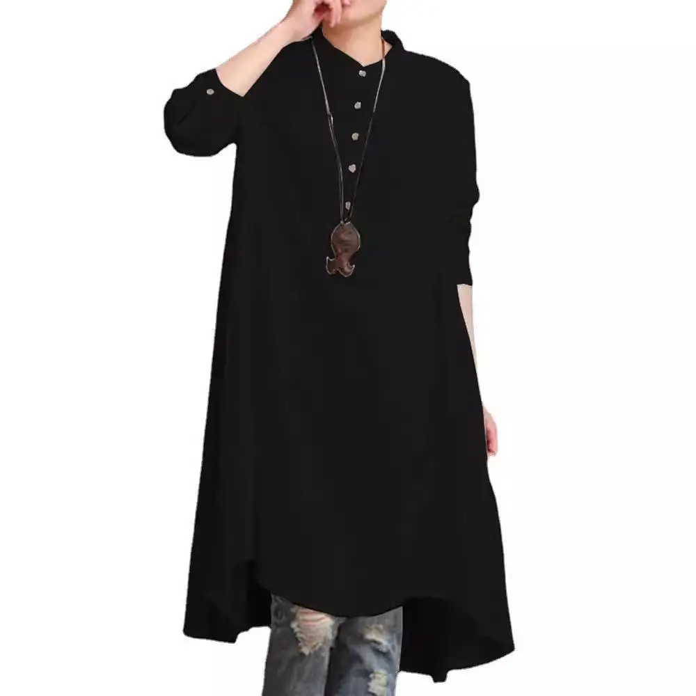 Women Cotton Linen Loose Collar Shirt Long Skirt Set