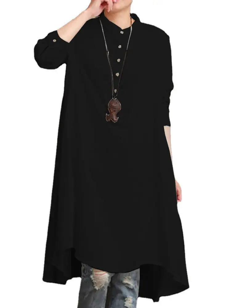 Women Cotton Linen Loose Collar Shirt Long Skirt Set