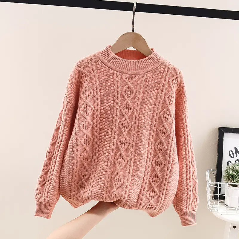 Girls' Pink Twist Coat Winter Coarse Wool Sweater