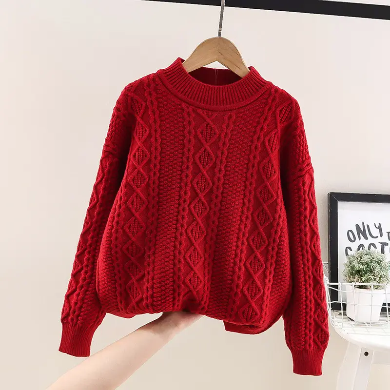 Girls' Pink Twist Coat Winter Coarse Wool Sweater
