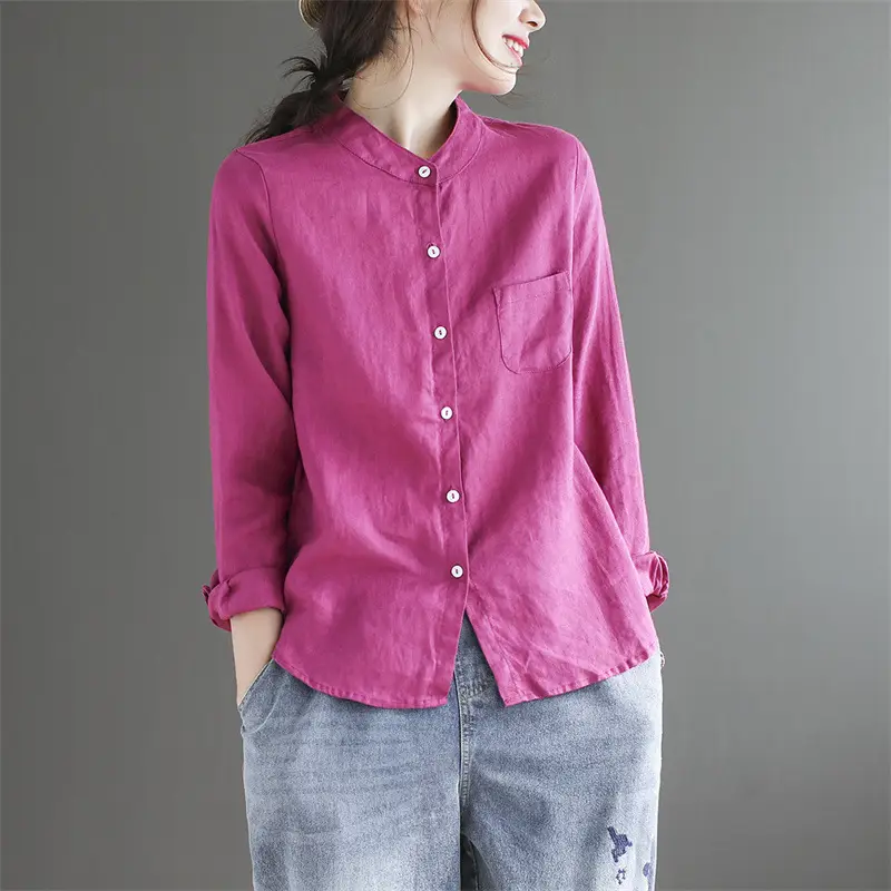 Women Cotton Linen Shirt Light Pink Long Sleeve