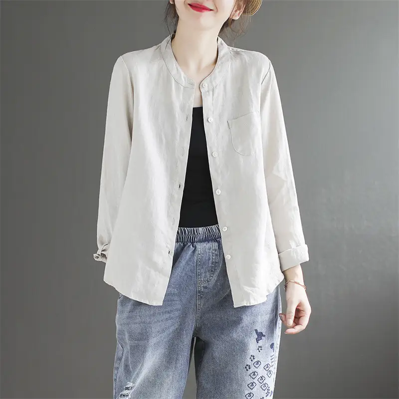 Women Cotton Linen Shirt Light Pink Long Sleeve