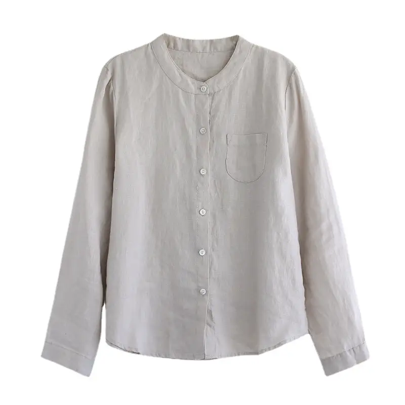 Women Cotton Linen Shirt Light Pink Long Sleeve