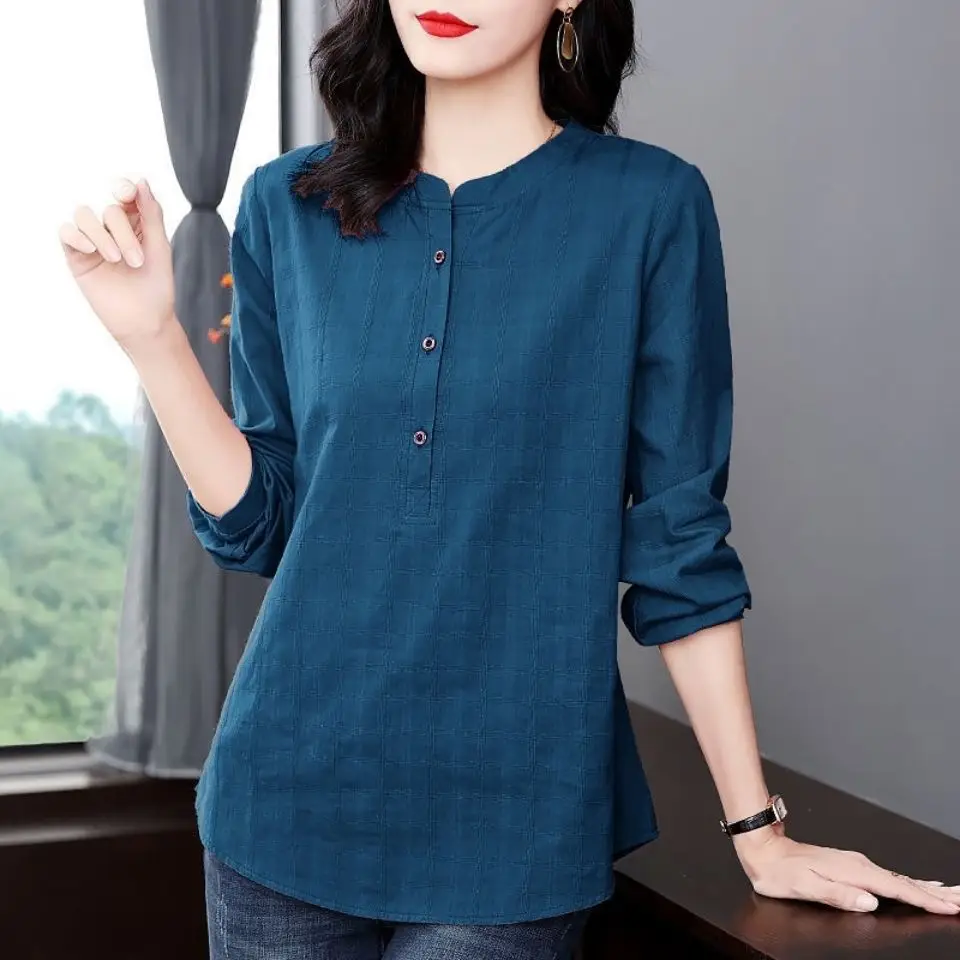 Plus Size Women's Long Sleeve Pure Cotton Shirt Purple - Image 2
