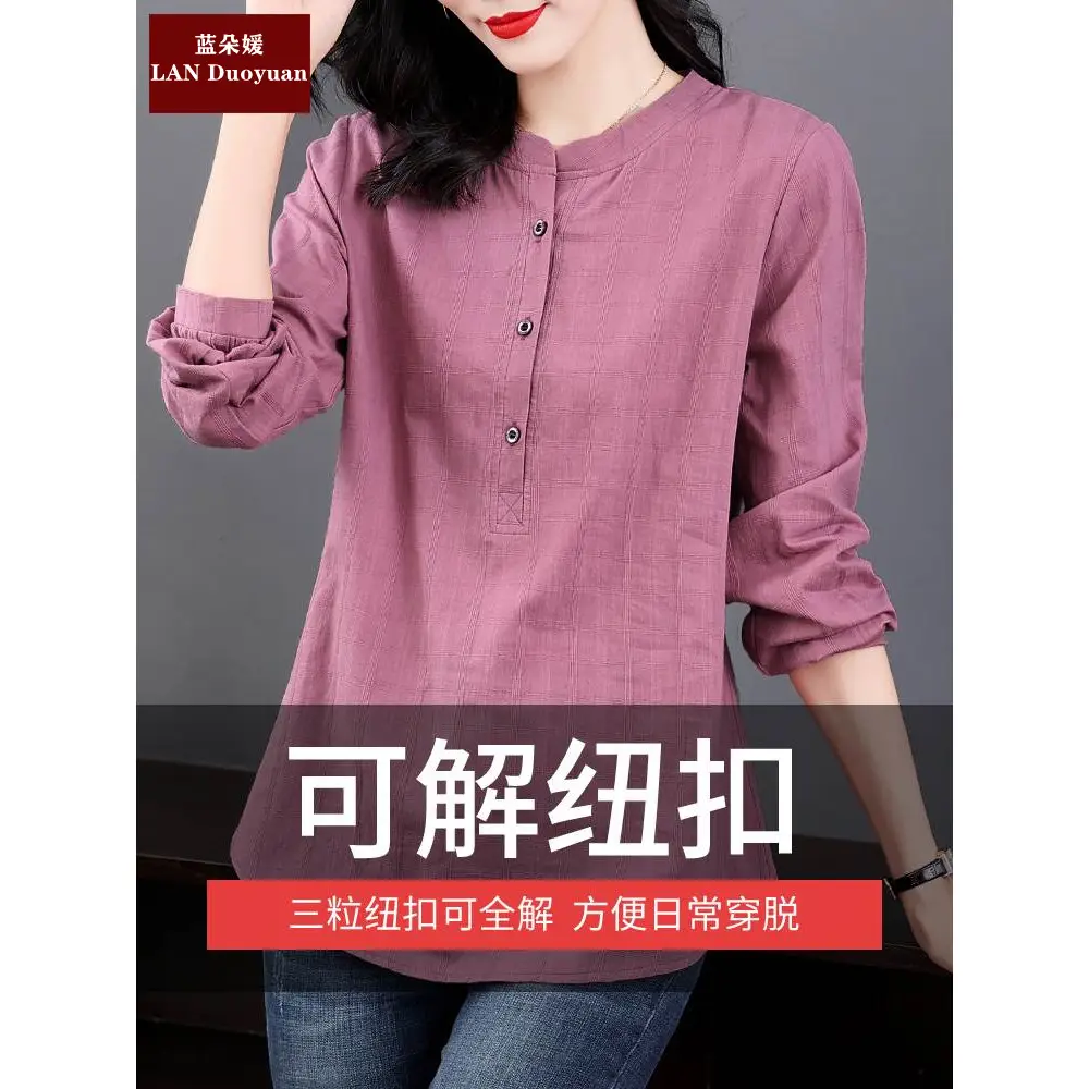 Plus Size Women's Long Sleeve Pure Cotton Shirt Purple - Image 4