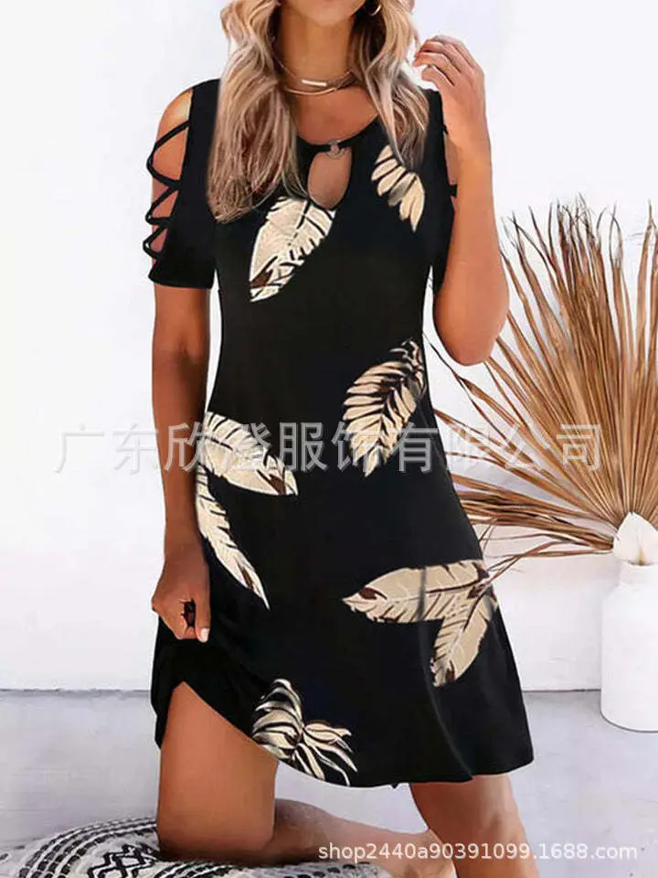 2023 New Off-Shoulder Printed Casual Dress with Hollow Design - Image 7