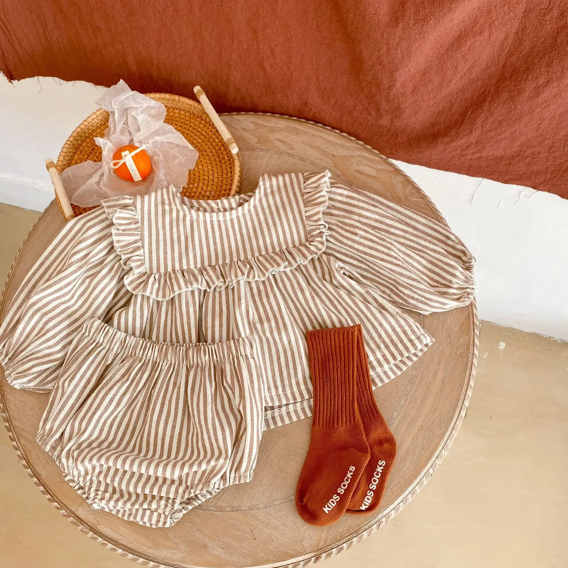 2025 Cotton Striped Baby Ruffle Skirt & Pants Set - Image 5