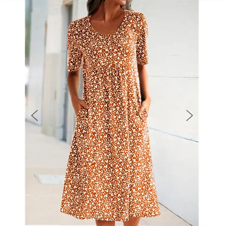 Orange Floral Flap Pocket Mid-Length Dress