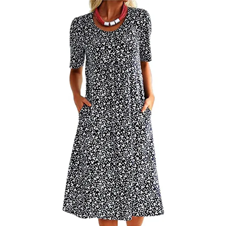 Orange Floral Flap Pocket Mid-Length Dress
