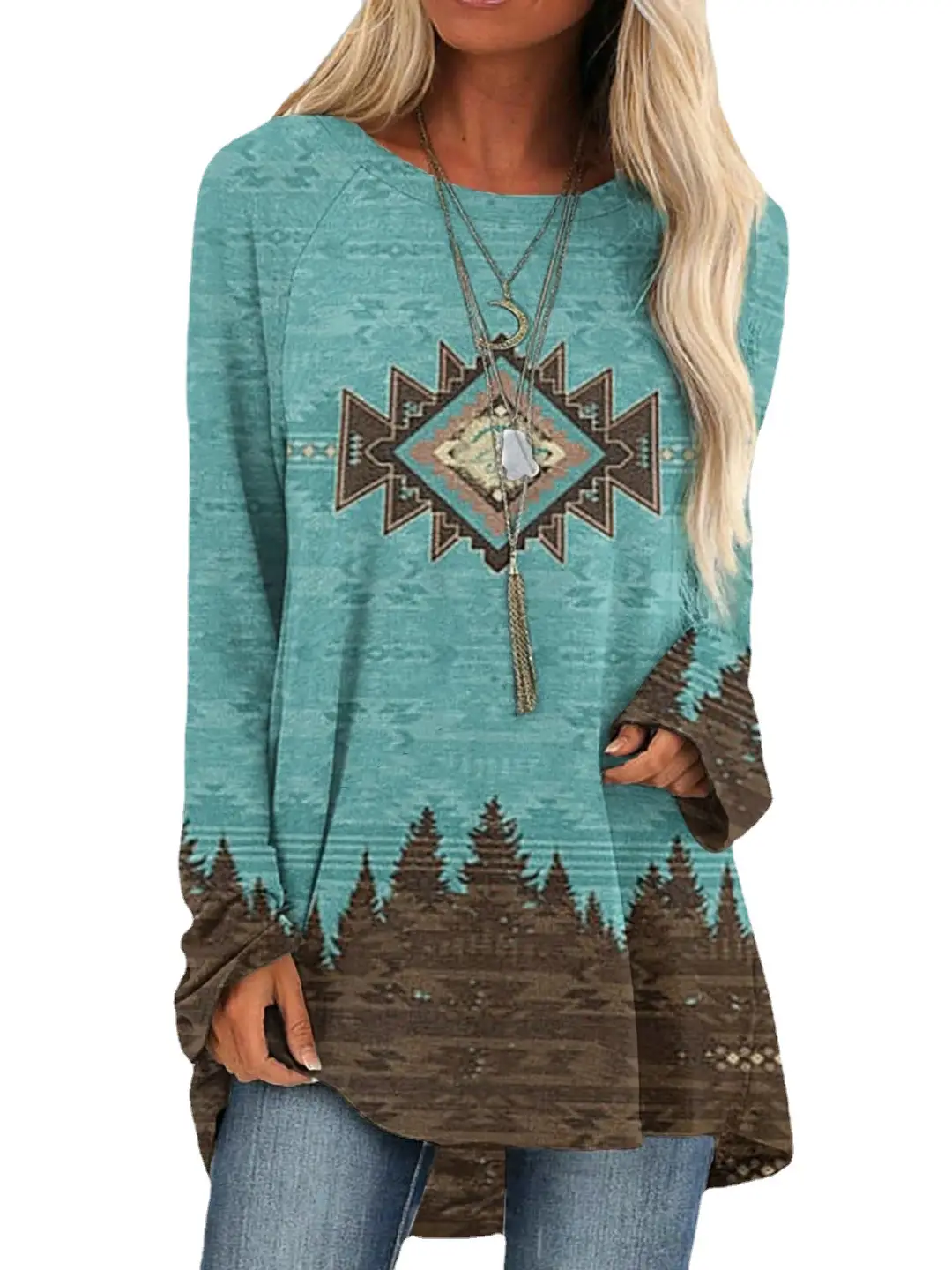 2022 Foreign Trade Cross-border Women's Fashion Loose Round Neck Digital Printing Western Style Long Sleeve Top 6925